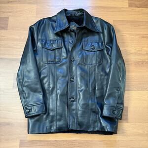 Men's Vintage 80's Manor House Polyvinyl Black Lined Button Up Jacket Sz Medium